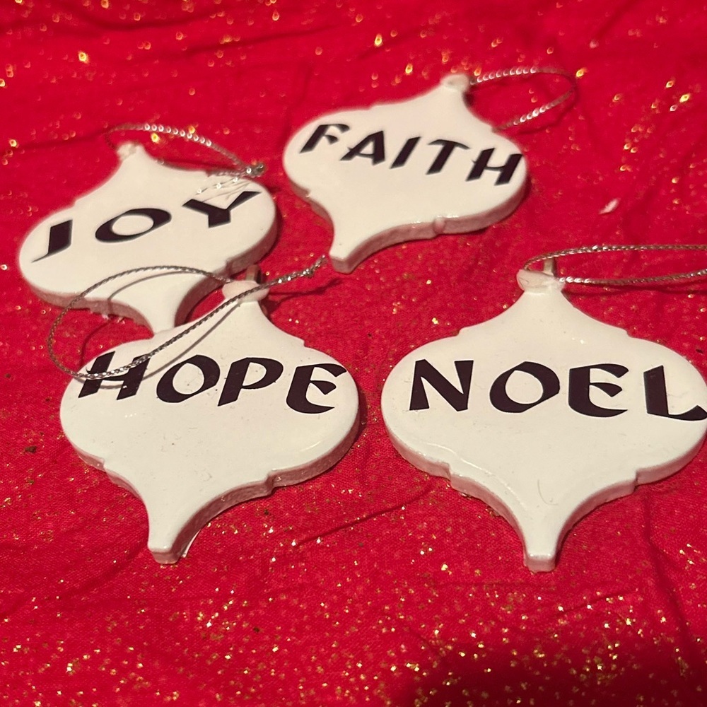 White ceramic tile Holiday Ornament Set with Inspirational Words- handcrafted